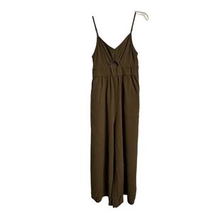 Olive Green Cutout Women Jumpsuit‎ M Smocked Back Adjustable Straps Wide Leg
